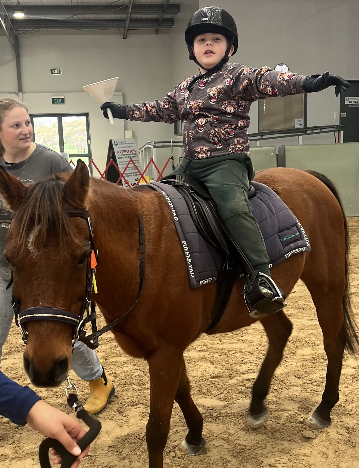 A smiling young rider holding his arms out wide while sitting on a bay horse in the arena