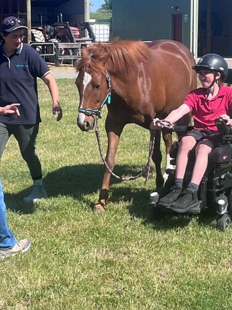 Nathan in his power wheelchair leading a chestnut horse on grass with a volunteer