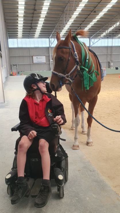 A young rider in a wheelchair beside a chestnut horse in the arena